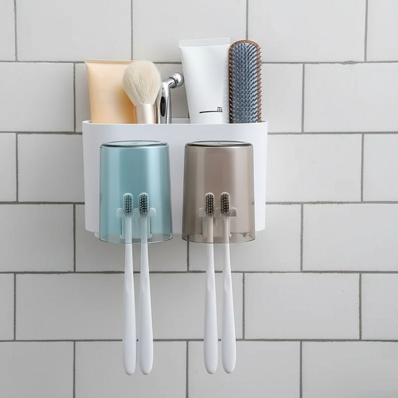 GaxQuly Wall Mounted Toothbrush Holder Bathroom Storage Organizer with 2 Mouthwash Cups Toothbrush Case(Pack of 1)