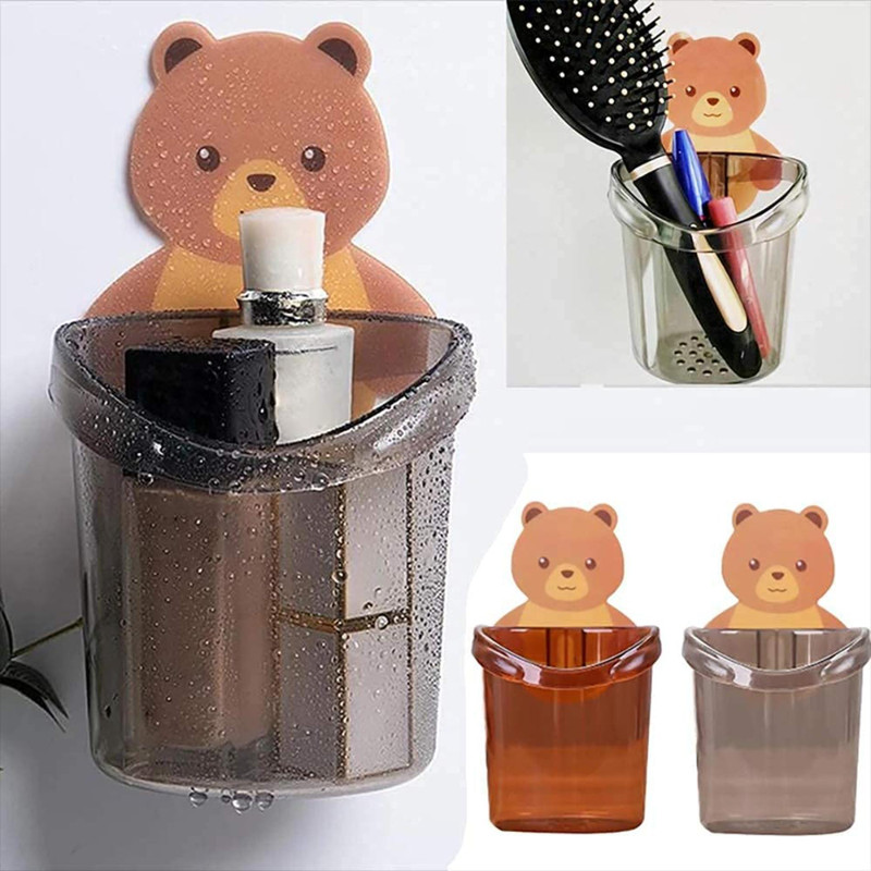 ALL THINGS MORE SHOP Self Adhesive Teddy Bear Toothbrush Holder Cup with Strong Adhesive Sticker Plastic Toothbrush Holder(Multicolor, Wall Mount)