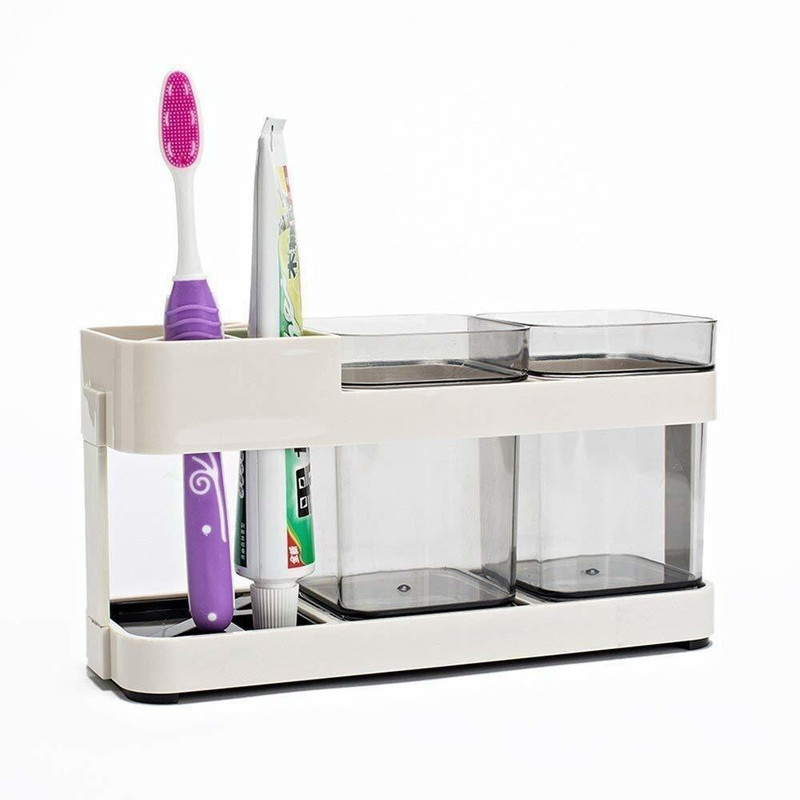 Philocaly Enterprise 2 Cup Creative Slot Multi Function Toothbrush Toothpaste Plastic Stand Holder Space Saving Bathroom Storage Organizer Plastic Toothbrush Holder Plastic, Acrylic Toothbrush Holder(Multicolor)