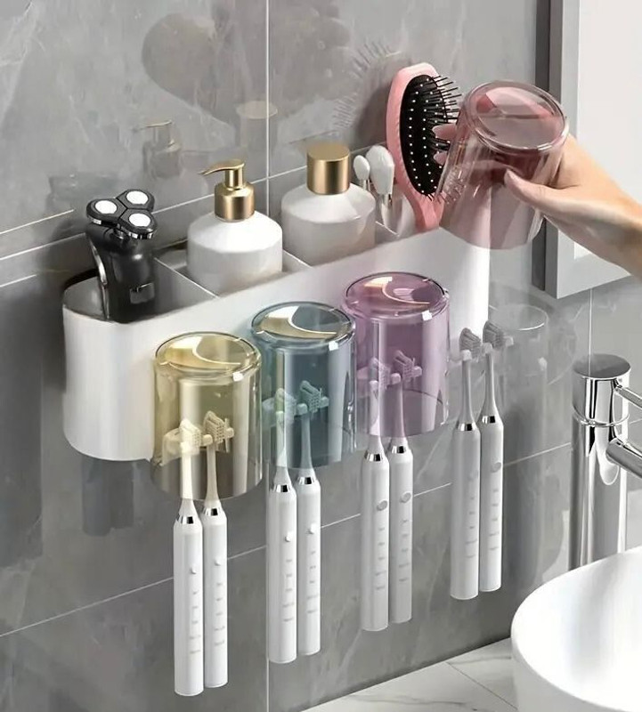 M Y Wall Mounted Toothbrush Holder with 4 Transparent Dustproof Cups Plastic Toothbrush Holder(White, Wall Mount)