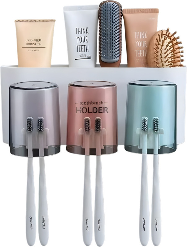 ALCANTARA Wall Mounted Toothbrush Holder with 3 Cups, Bathroom Toothbrush Organizer A49 Plastic Toothbrush Holder(Multicolor, Wall Mount)