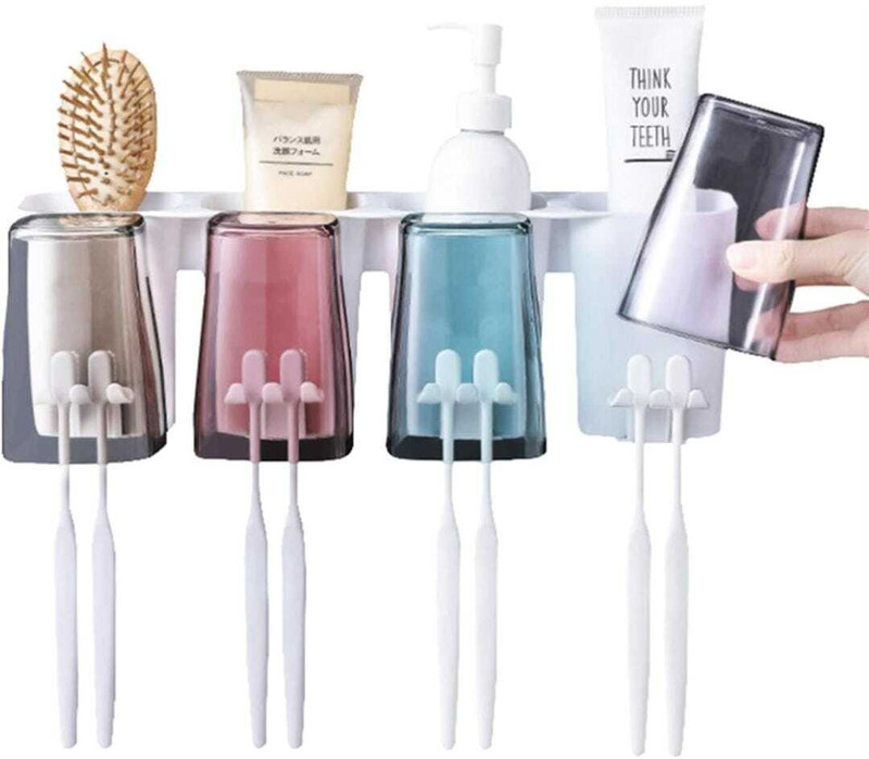SEVRIZ Wall Mounted Toothbrush Holder with 4 Cups, 8 Slots & Storage Shelf Plastic Toothbrush Holder(White, Wall Mount)