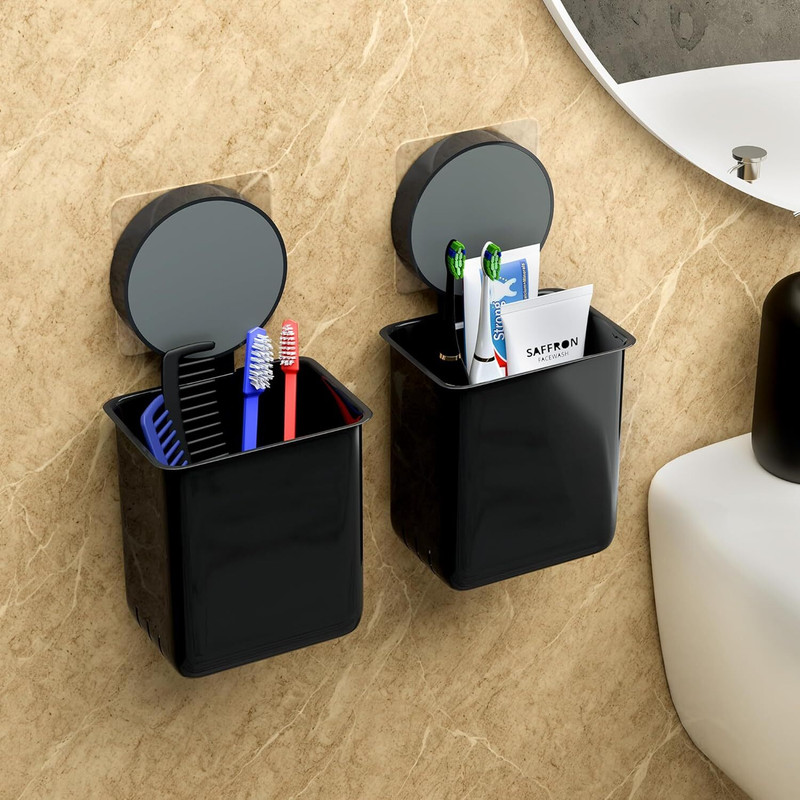 QXORE Set of 2 Plastic Self-Adhesive Toothpaste Holder Plastic Toothbrush Holder(Black, Wall Mount)