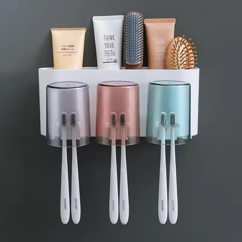 Trishva Wall Mounted Bathroom Organizer with Toothbrush Holder, Cups & Storage Box Plastic Toothbrush Holder(White, Wall Mount)