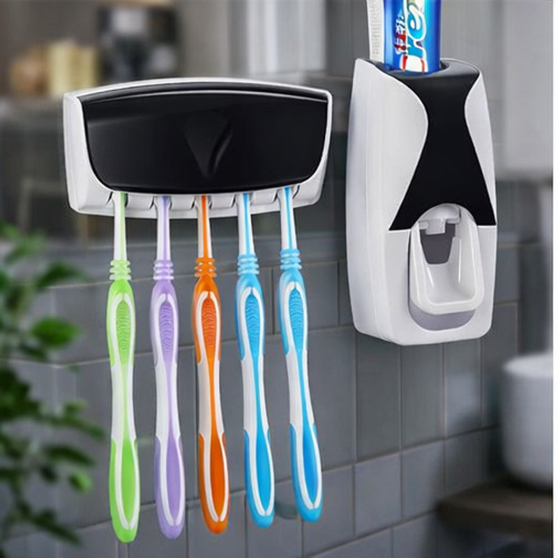 DHRUVIKA Automatic Toothpaste Dispenser with 5 Toothbrush Stand No Drill Bathroom Holder Plastic Toothbrush Holder(Multicolor, Wall Mount)
