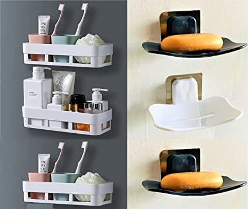 Xena 3 PC Bathroom Shelves + 3 PC Soap Stand Plastic Accessories Plastic Toothbrush Holder(White, Wall Mount)