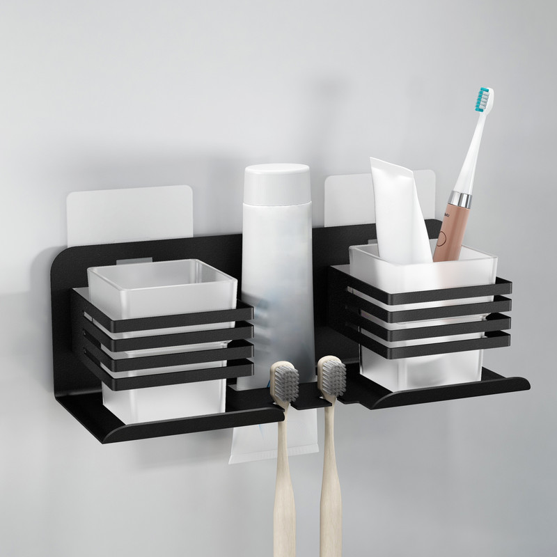 Plantex Double Tumbler Holder/Toothbrush Stand for Bathroom/Toothpaste Holder Stainless Steel Toothbrush Holder(Black, Wall Mount)