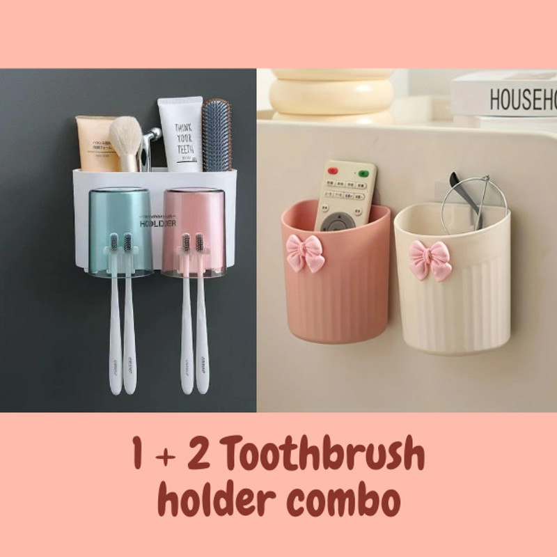 tvAt New 2 Glass Toothbrush Holder & 2 Piece Cute Toothbrush Holders Combo Plastic Toothbrush Holder(Multicolor, Wall Mount)