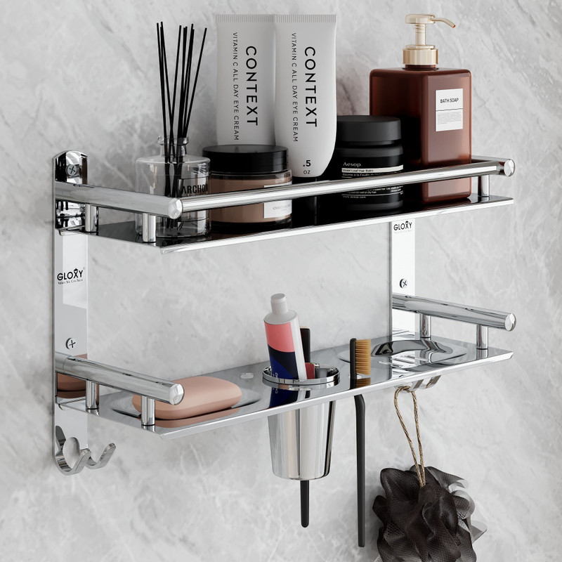 GLOXY Bathroom Shelf with Double Soap Dish With Tumbler Accessories Stainless Steel Toothbrush Holder(Silver, Wall Mount)