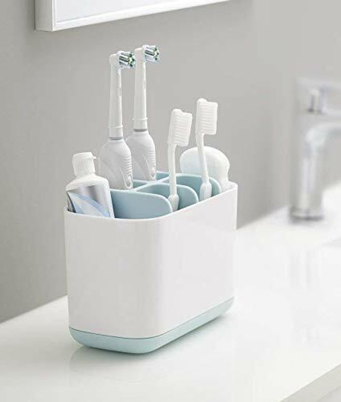 KREYANA Multipurpose Kitchen Storage Holder Stand for Bathroom self Toothbrush Tongue Cleaner Soap Comb Razor Shaving Kit and Toiletries Cosmetics Organizer Plastic Toothbrush Holder(White, Blue)