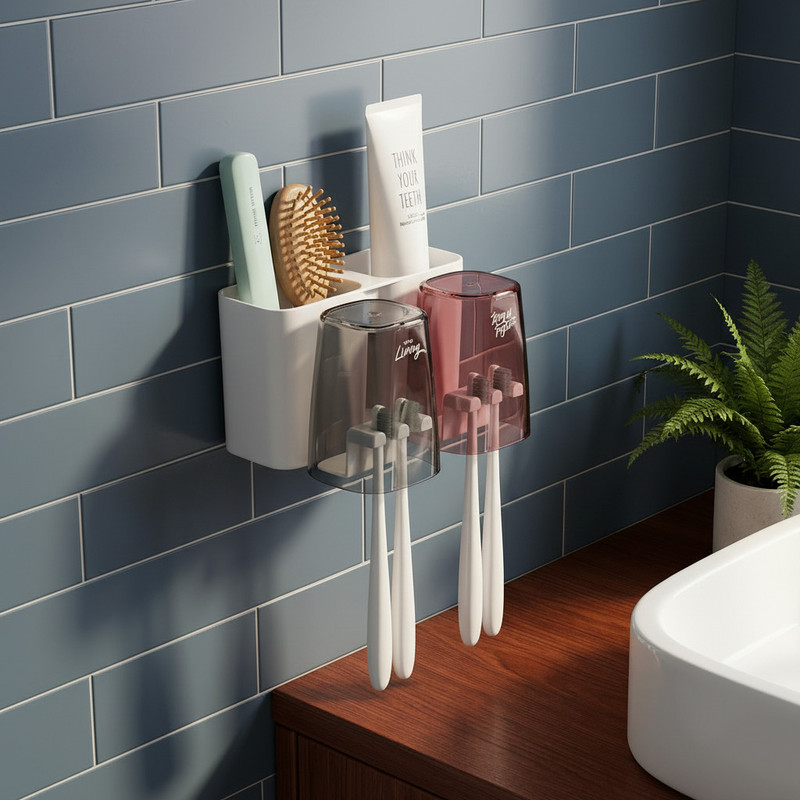 Pink Flower Wall Mounted for Bathroom, Brush Holder for Bathroom(2 Cup) Plastic Toothbrush Holder(Multicolor, Wall Mount)