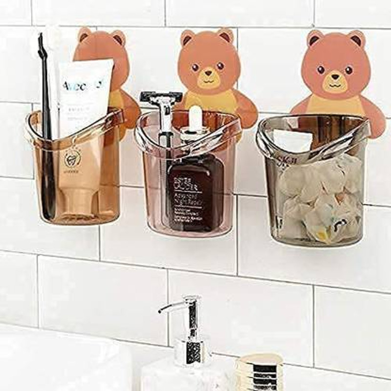 MAKQUEEN FASHION Teddy Bear Tooth Brush Holder with Adhesive Sticke Plastic Toothbrush Holder(Wall Mount)