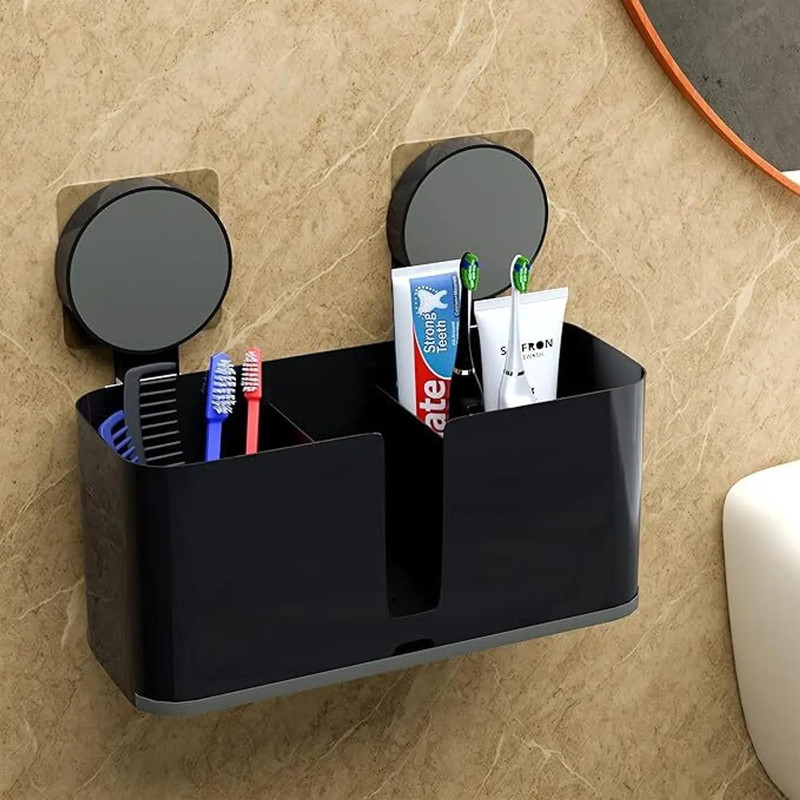 Linear Plastic Self Adhesive Wall Mount Toothbrush Holder with Drain Tray Plastic Toothbrush Holder(Black, Wall Mount)