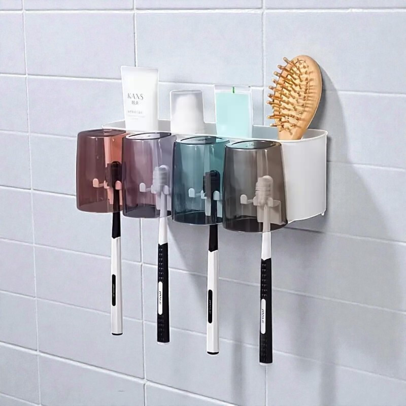 Busaji Contemporary Wall Mounted Four Cup Dental Organizer Rack Plastic Toothbrush Holder(Multicolor, Wall Mount)