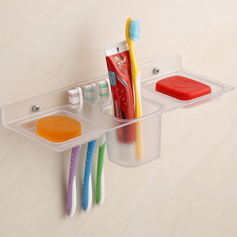 DXDT 4 in 1 Premium Multipurpose Bathroom Shelf/Soap Case/soap dish/Tumbler Plastic Toothbrush Holder(Clear, Wall Mount)