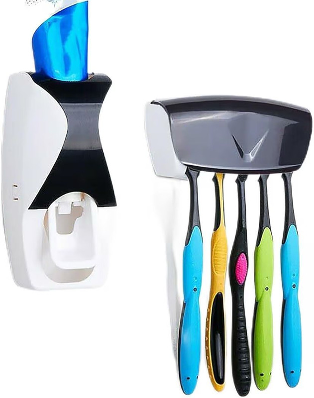KHODALICON Automatic Toothpaste Dispenser with 5 Bristles Protected Toothbrush Compartment Plastic Toothbrush Holder(White, Black, Wall Mount)
