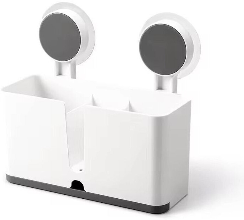 AMEEDARSHAN Self Adhesive Wall Mounted Double Toothbrush & Utensil Holder with Drain Tray Plastic Toothbrush Holder(White, Wall Mount)