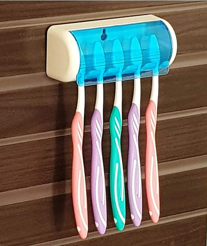 Rudrisha Wall Mounted Toothbrush Holder with Cover | 5 Slot Bathroom Toothbrush Plastic Toothbrush Holder(Blue, Wall Mount)