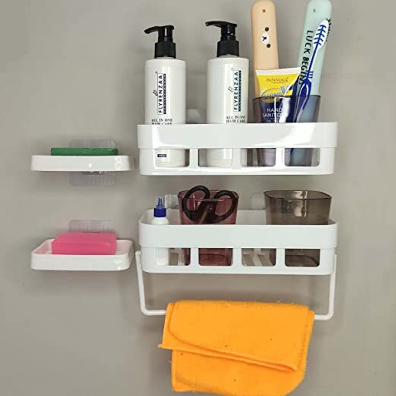 Xena 2 Bathroom Shelves + 2 Soap Box Bathroom+1 Towel Hangar Wall Storage Rack Shelf Plastic Toothbrush Holder(White, Wall Mount)