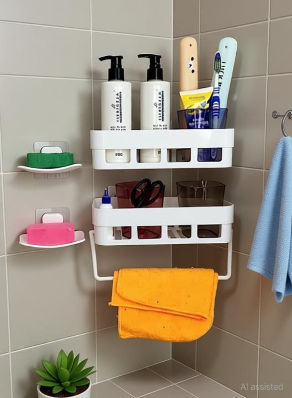 Xena Plastic Bathroom Rack Shelf(2 Bathroom Rack + 2 Soap Box + 1 Towel Hanger)(White)