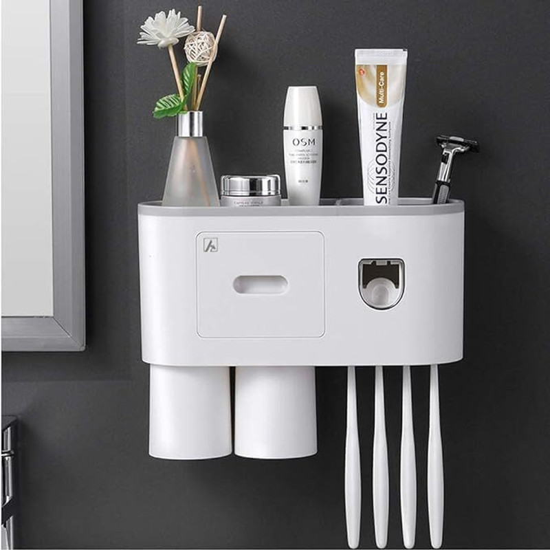Nuvex Toothbrush Holder With Automatic Toothpaste Dispenser Magnetic Cup & Storage Kit Plastic Toothbrush Holder(White, Wall Mount)