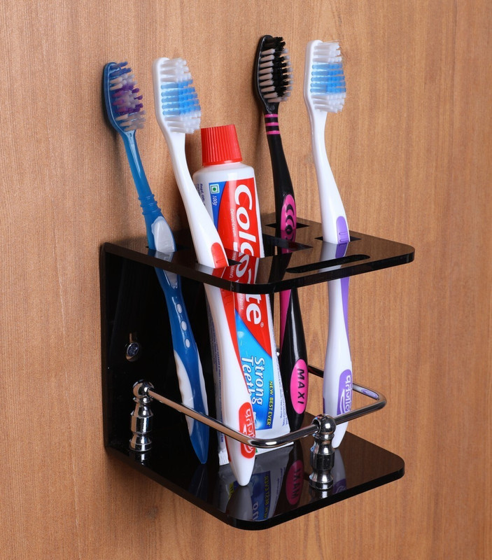 BOGATO™ Railing Toothpaste Razor Holder for Bathroom, Use Office Desk Toothbrush Holder Acrylic Toothbrush Holder(Black, Wall Mount)