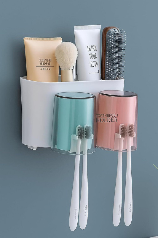 PUHBRHY Toothbrush Holder With 2 Mouthwash Cups Stickable Brush Stand Cover & Dustproof Toothbrush Case(Pack of 1)
