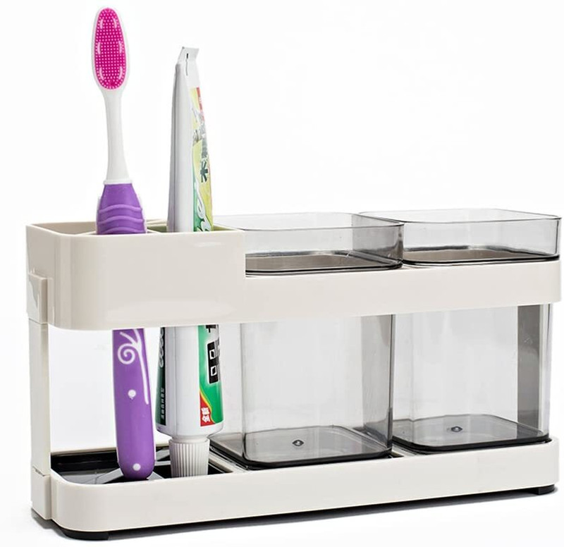 Inovera Bathroom Toothbrush Toothpaste Holder Stand Storage Organizer with 2 Cup Plastic Toothbrush Holder(White, Clear)