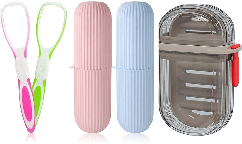 Trustfy Travel Soap Box with Toothbrush Case and 1 tongue cleaner, Durable Waterproof Plastic Toothbrush Holder(Multicolor)