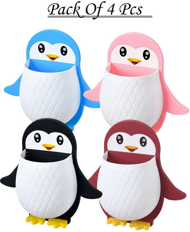 SHIVGAURI Pack of 4 Penguin Toothbrush Holder/Storage Organizer/Wall Mount Stand Plastic Toothbrush Holder(Multicolor, Wall Mount)