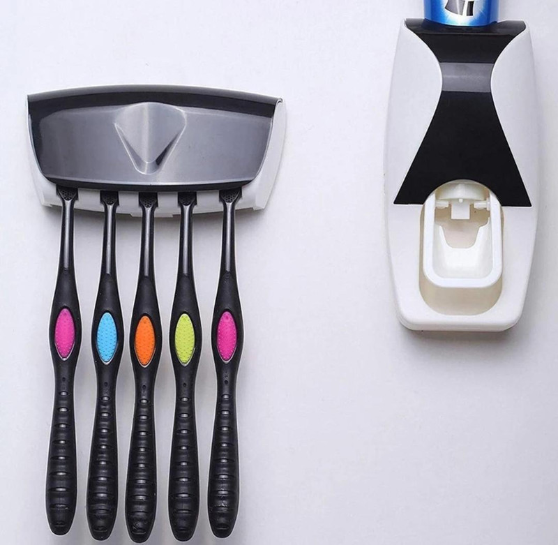 saloni marts UMA Automatic Toothpaste Dispenser with 5 Slot Brush Holder Plastic Toothbrush Holder(Multicolor, Wall Mount)