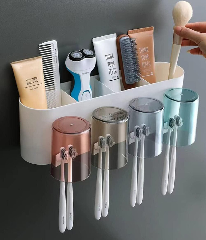 Greeva Wall Mounted Toothbrush Holder with 4 Mouthwash Cups Dustproof &BPA-Free Holder Toothbrush Case(Pack of 1)