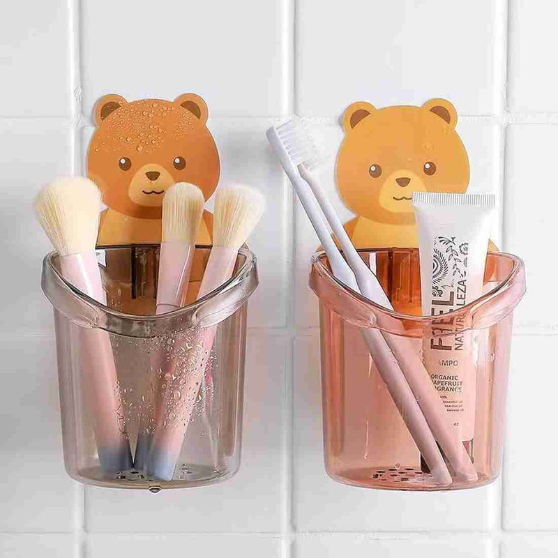 NRVORTEXMART Self-Adhesive Teddy Bear Plastic Stand for Toothpaste Comb, Brush Plastic Toothbrush Holder(Brown, Wall Mount)
