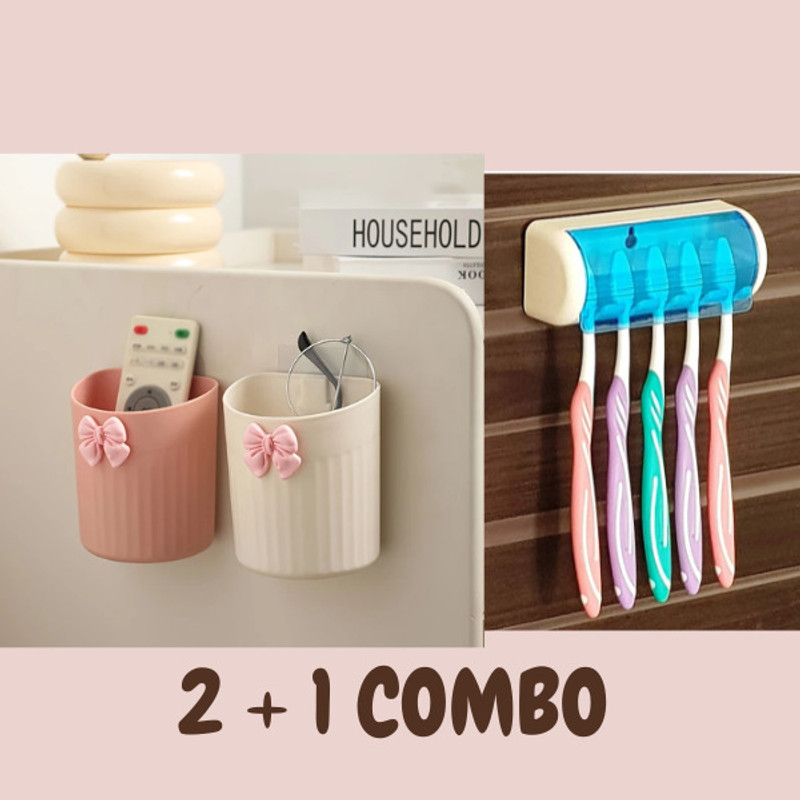 Rudrisha Smart Combo Of Toothbrush Holder 5 In 1 And 2 pc Cute Toothbrush Holders Plastic Toothbrush Holder(Multicolor, Wall Mount)
