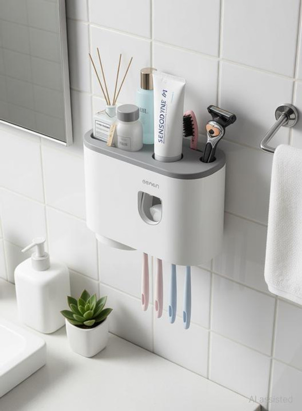 MANTRIK Wall Mounted Automatic Toothpaste Dispenser with Toothbrush Holder Plastic Toothbrush Holder(White, Wall Mount)