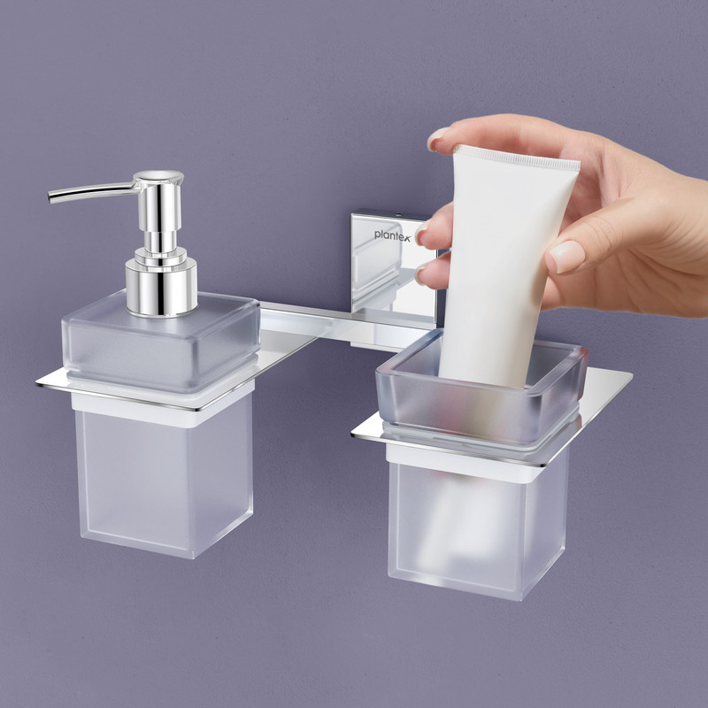 Plantex Liquid Soap Dispenser/Shampoo/Tumbler Holder/Toothbrush Holder for Bathroom Stainless Steel, Glass Toothbrush Holder(Silver, Wall Mount)