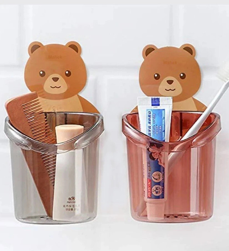Mahek Teddy Bear Toothbrush Holder Pack of 2 Plastic Toothbrush Holder(Grey, Red, Wall Mount)