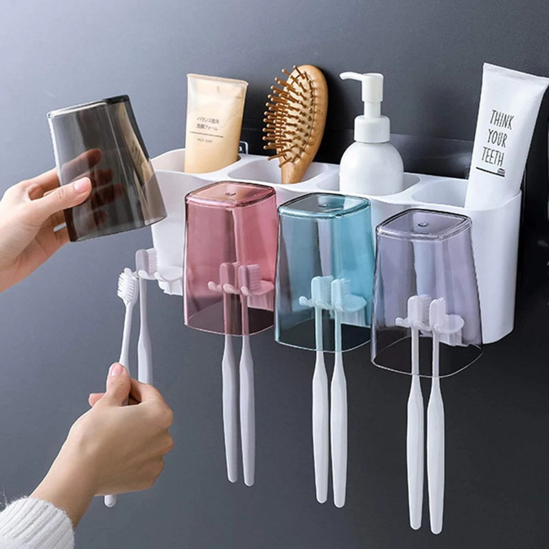 ALICIA Wall-Mounted Toothbrush Holder, Toothbrush Cup Holder, No Drilling, with 4Cups Plastic Toothbrush Holder(White, Wall Mount)