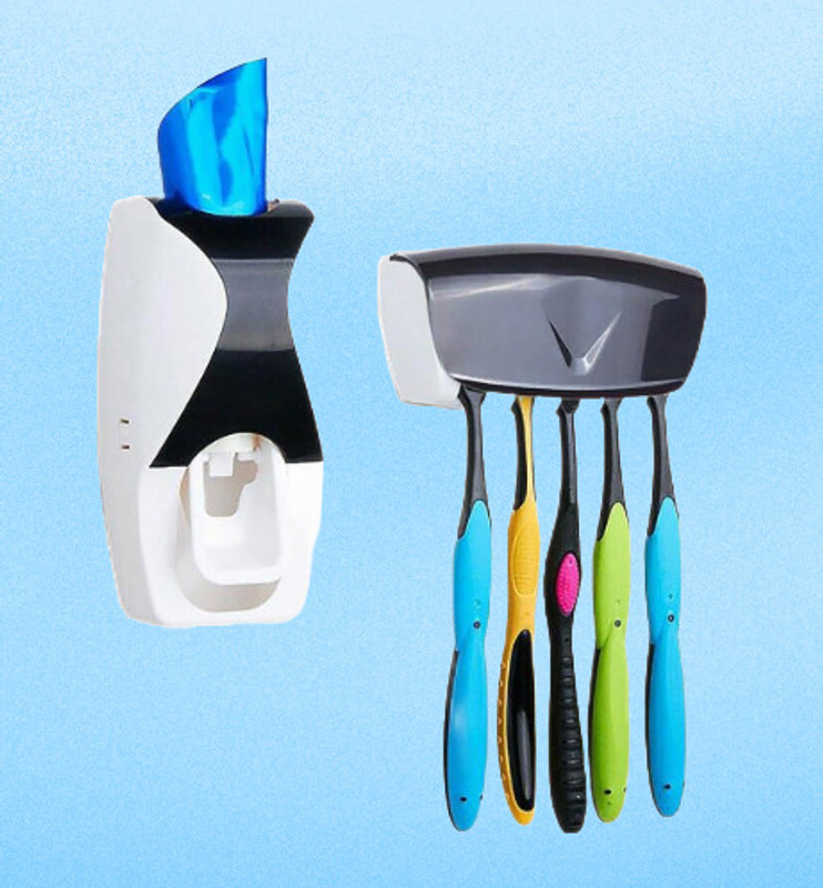 BOLDIN Plastic Automatic Toothpaste Dispenser and 5 Toothbrush Holde Plastic Toothbrush Holder(Multicolor, Wall Mount)