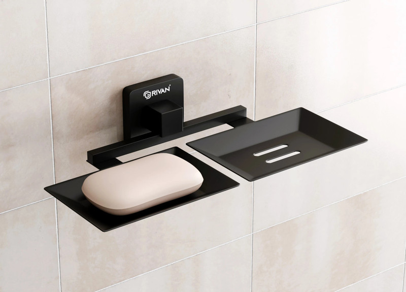 GRIVAN Premium Double Soap Dish Holder – Wall Mounted, Matte Black Finish Stainless Steel Toothbrush Holder(Black, Wall Mount)