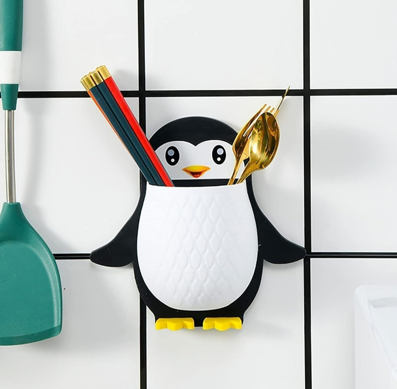 Garu Plastic Wall Mounted Penguin Shape Storage Organizer | Bathroom with Self Adhesive Stick Plastic Toothbrush Holder(Multicolor, Wall Mount)