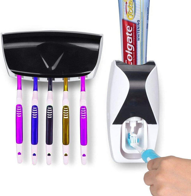GVJ TRADERS OneTouch Hands Wall Mounted Toothpaste Dispenser Squeezer with Toothbrush Holder Toothbrush Sanitizer(5 Brushes)