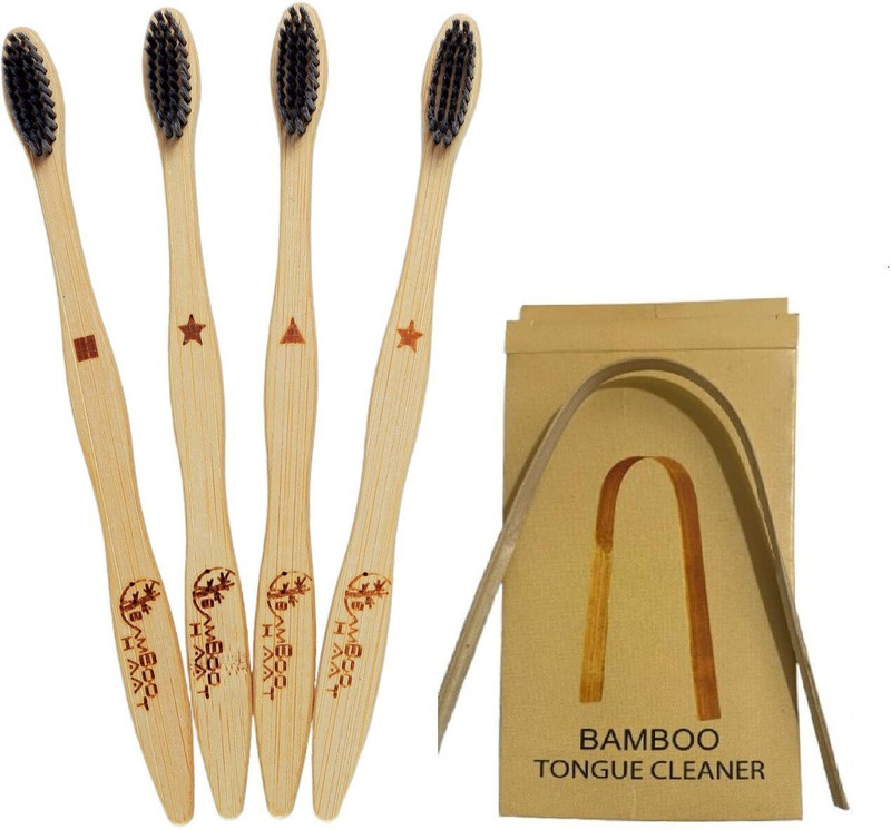 Bamboo Haat Bamboo Toothbrush Set of 4 with Tongue Cleaner | Eco-Friendly Oral Care Kit Ultra Soft Toothbrush(Pack of 5)