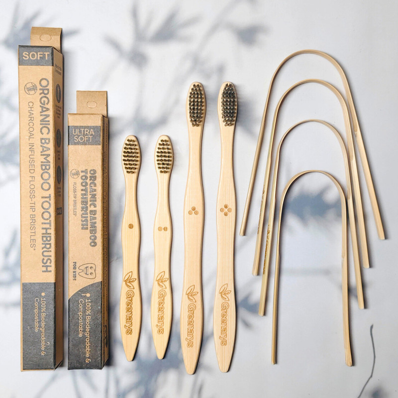 Greenarys Family Pack Bamboo Toothbrush Adults (1) + Kids (1) + Tongue Cleaner (2) EcoCare Extra Soft Toothbrush(Pack of 4)