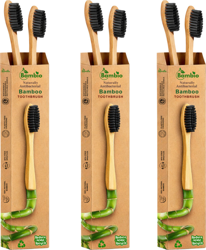 Bambio Organic Bamboo Toothbrush pack of 6 Black Charcoal Bristle Extra Soft Toothbrush(Pack of 6)