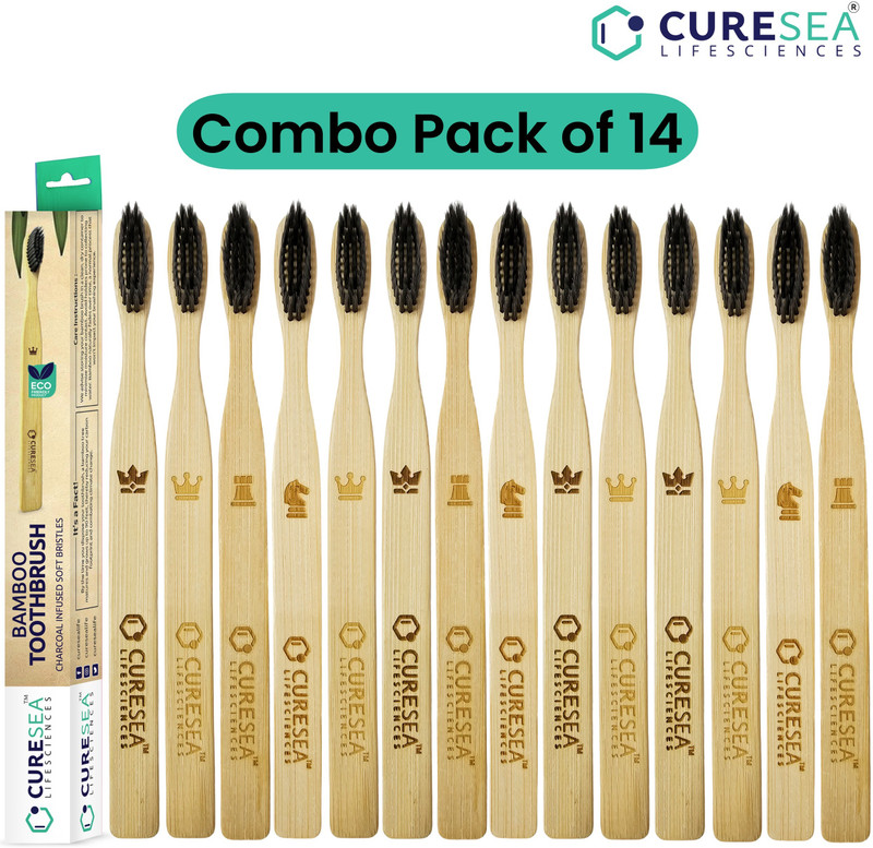CURESEA LIFESCIENCES 100% Biodegradable Bamboo Toothbrush | Eco-Friendly, Charcoal Bristles, Adult, Extra Soft Toothbrush(Pack of 14)