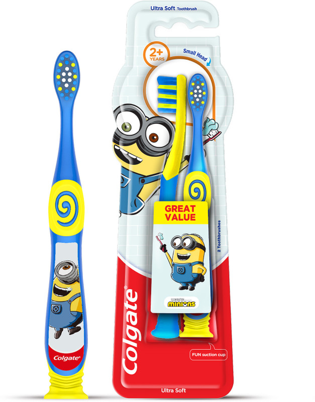 Colgate Kids (2+ years) Minion Toothbrush, Extra Soft with Tongue Cleaner - 2 Pc Soft Toothbrush(Pack of 2)