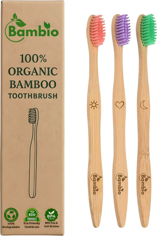 Bambio Bamboo Toothbrush pack of 3 Multi Color Bristles Ultra Soft Toothbrush(Pack of 3)