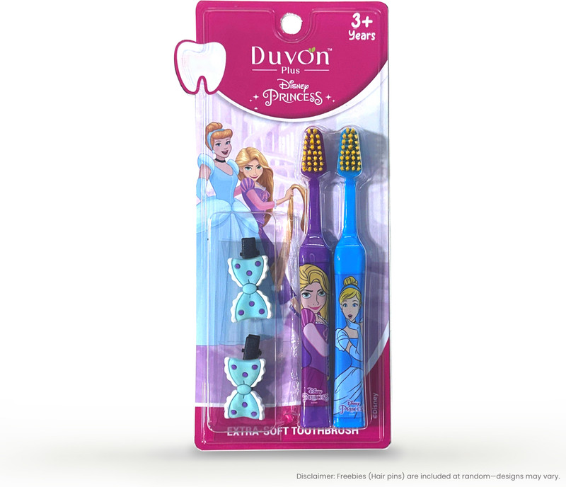 Duvon Plus Disney Princess Toothbrush Set | Tangled & Cinderella | 2 Brushes + 2 Hair Pins Extra Soft Toothbrush(Pack of 2)