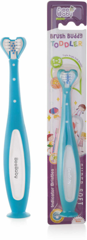 Beebaby 3 Side Brush Buddy Kids Toothbrush. Suction Cup|Indicator Bristles|BPA Free|Blue Extra Soft Toothbrush